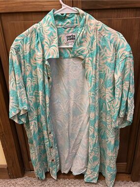 Men's Teal & Cream Short-Sleeve Button-Up Shirt Tropical Hawaiian Shirt